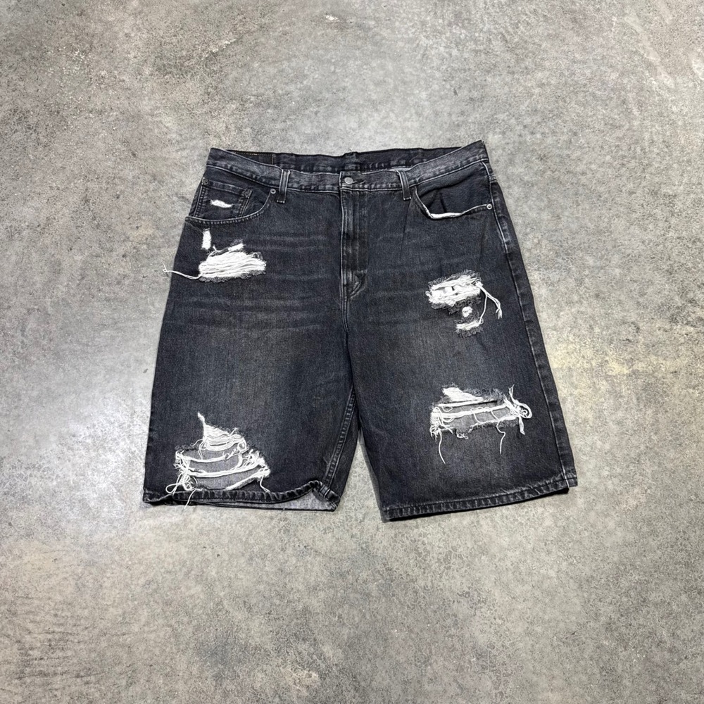 Levi's Denim Shorts Mens 40 Black 569 Loose Straight Distressed Ripped Frayed